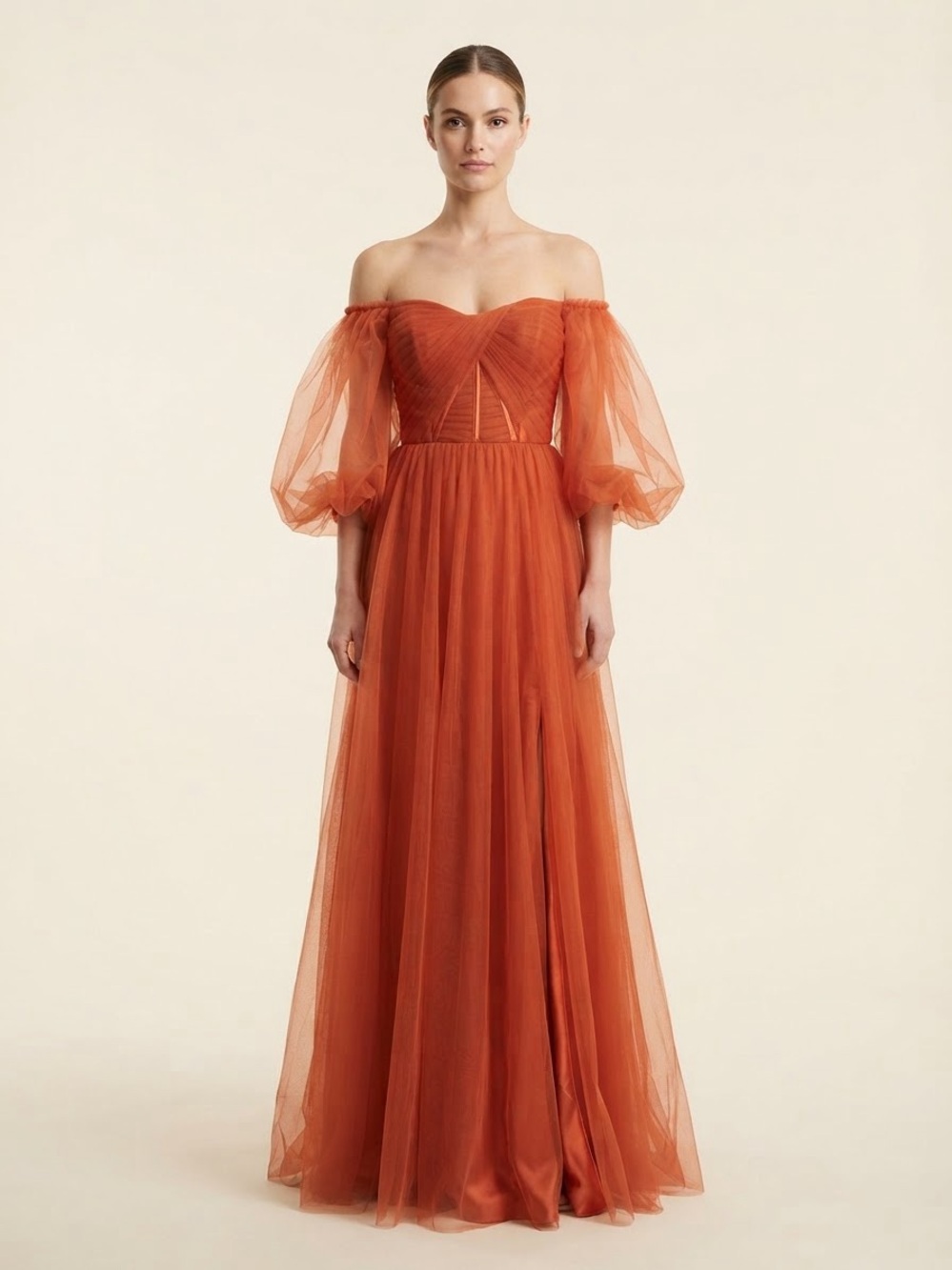 Off-Shoulder Tulle Evening Gown in Rust Orange